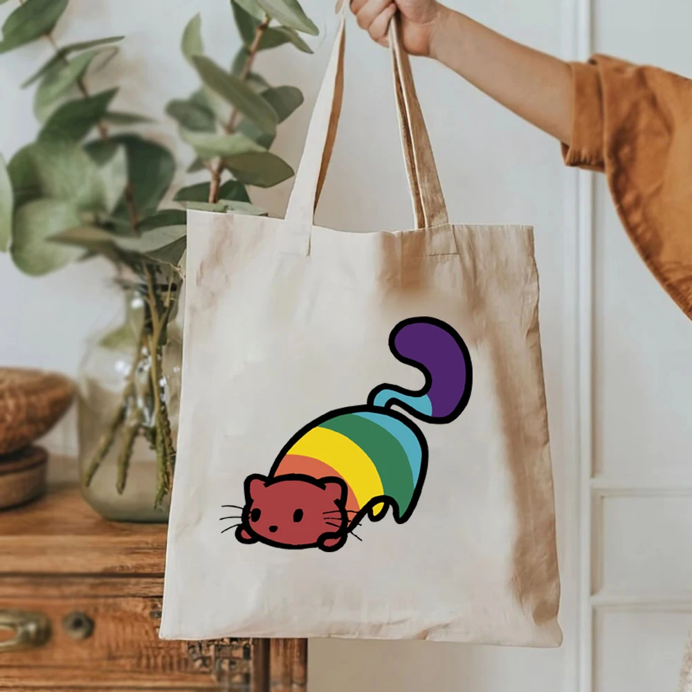 Tas Tote Purride kucing pelangi Super lucu bendera LGBT Gay Pride bulan motif Lesbian tas bahu wanita tas kanvas kapasitas besar