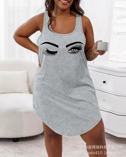 Women's Casual Dress 2024 Spring Summer Latest U-Shaped Collar Commuting Style Loose Oversized Printed Vest Sleepless Mid Skirt