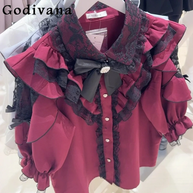 

Летний кружевной топ с открытыми плечами для девочек, милая кружевная одежда с короткими рукавами в стиле ретро, рубашка, женские милые блузки в японском стиле