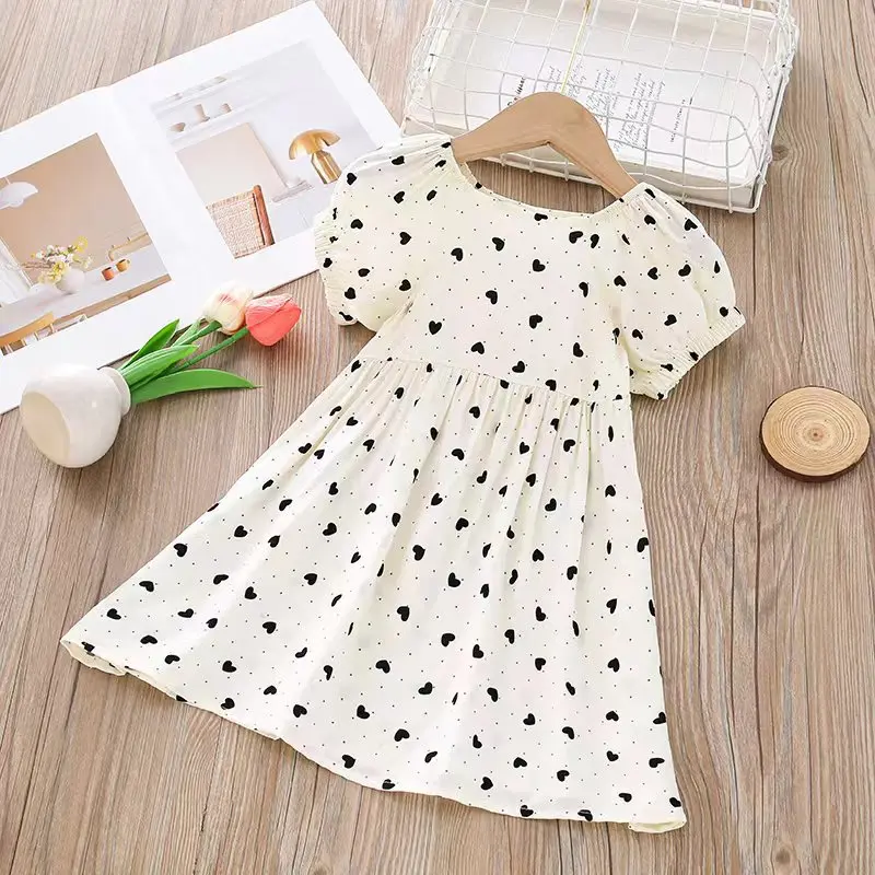 2026 New Summer Kids Dress 1-8T Sweet Thin Love Girls Casual Dress  Puff Sleeve Rainbow Colors Children Clothes