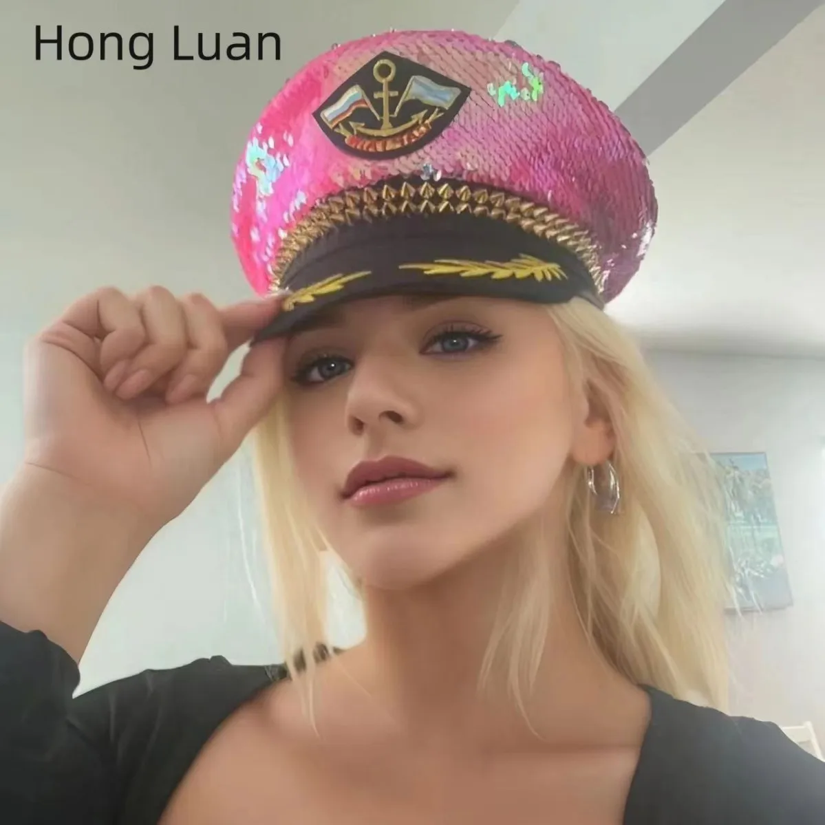 HongLuan Pink Steampunk Captain Hat Rhinestone for Burning Man Festival Woman, Rave Festivals Accessories ＆ Party Caps for Man