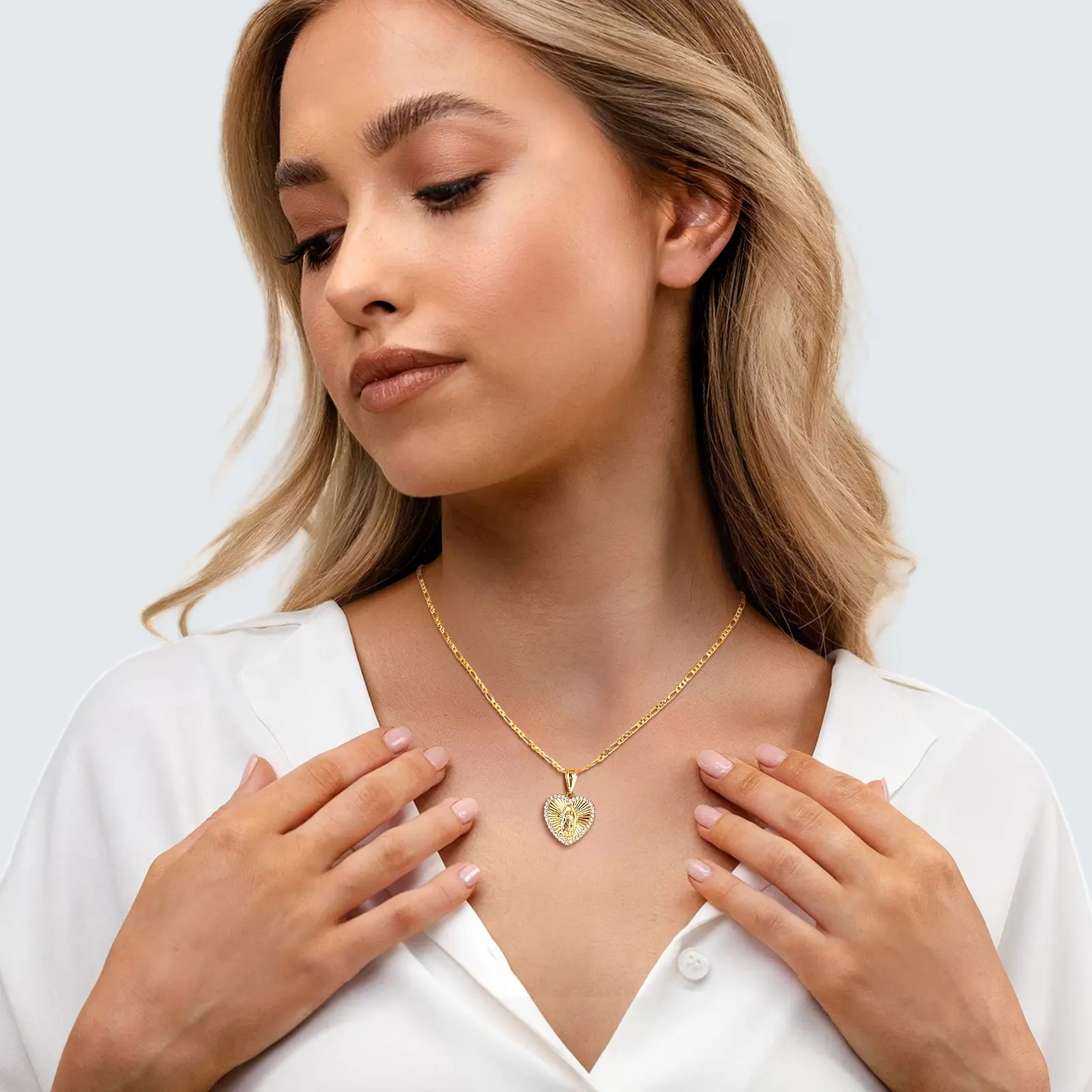 Vnox Virgin Mary Prayer Necklaces For Women Trendy Metal Chain Oval Heart Geometry Pendant Necklace Religious Christ Jewelry