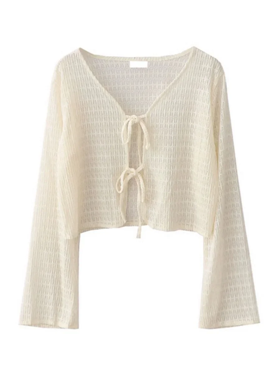 

Korean Lightweight Summer Shirts Knitted Ice Silk Long Sleeved Open Cardigan Women's Plus Size Cover Up Sun Protection Blouse