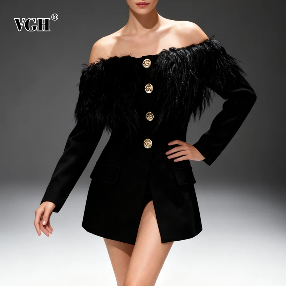 

VGH Solid Off The Shoulder Slimming Jackets for Women Slash Neck Long Sleeves Patchwork Faux Fur Luxurious Jacket Female Style