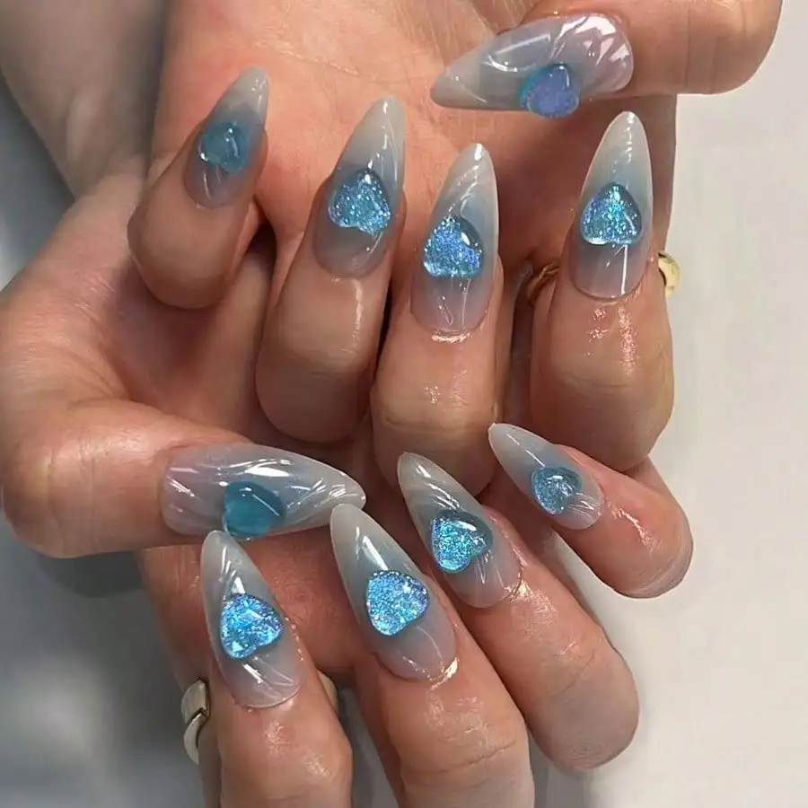 

Women's Mermaid Blue Ombre Press On Nails Stiletto 3D Blue Heart Crystal Charm Fake Nails Party Gift