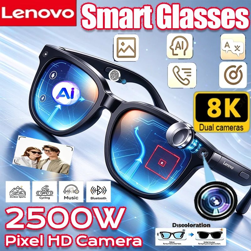 Lenovo 8K AI 2400MP Smart Glasses With Camera Translation Vedio Hands-Free Call AI Chat Logging Music Playback Smart Sunglasses