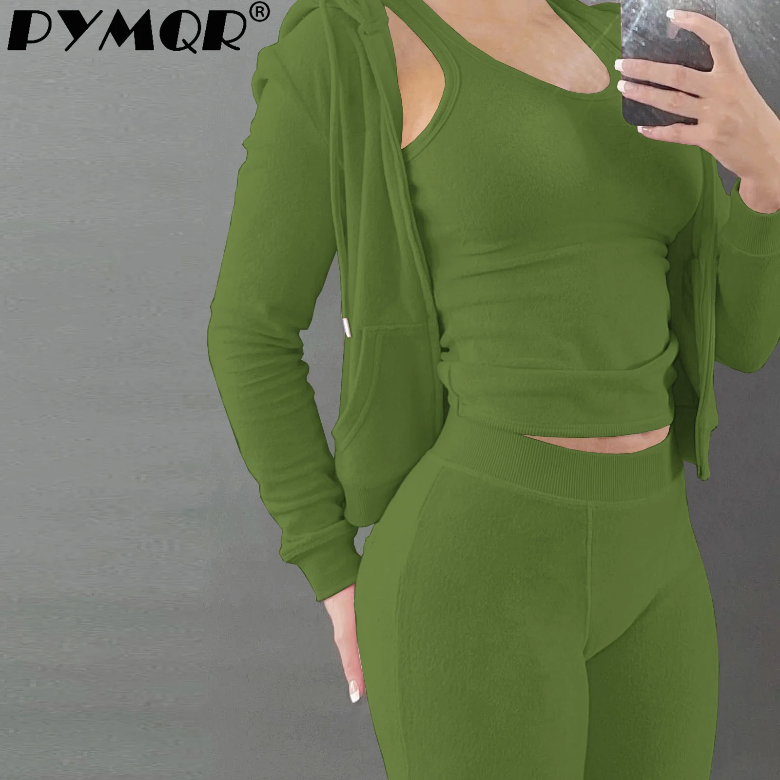 

PYMQR Sweatsuit Three Piece Set Woman Velvet Long Sleeve Vest Hooded Jackets Drawstring Sweatpants Winter Sports Jogger Outfits
