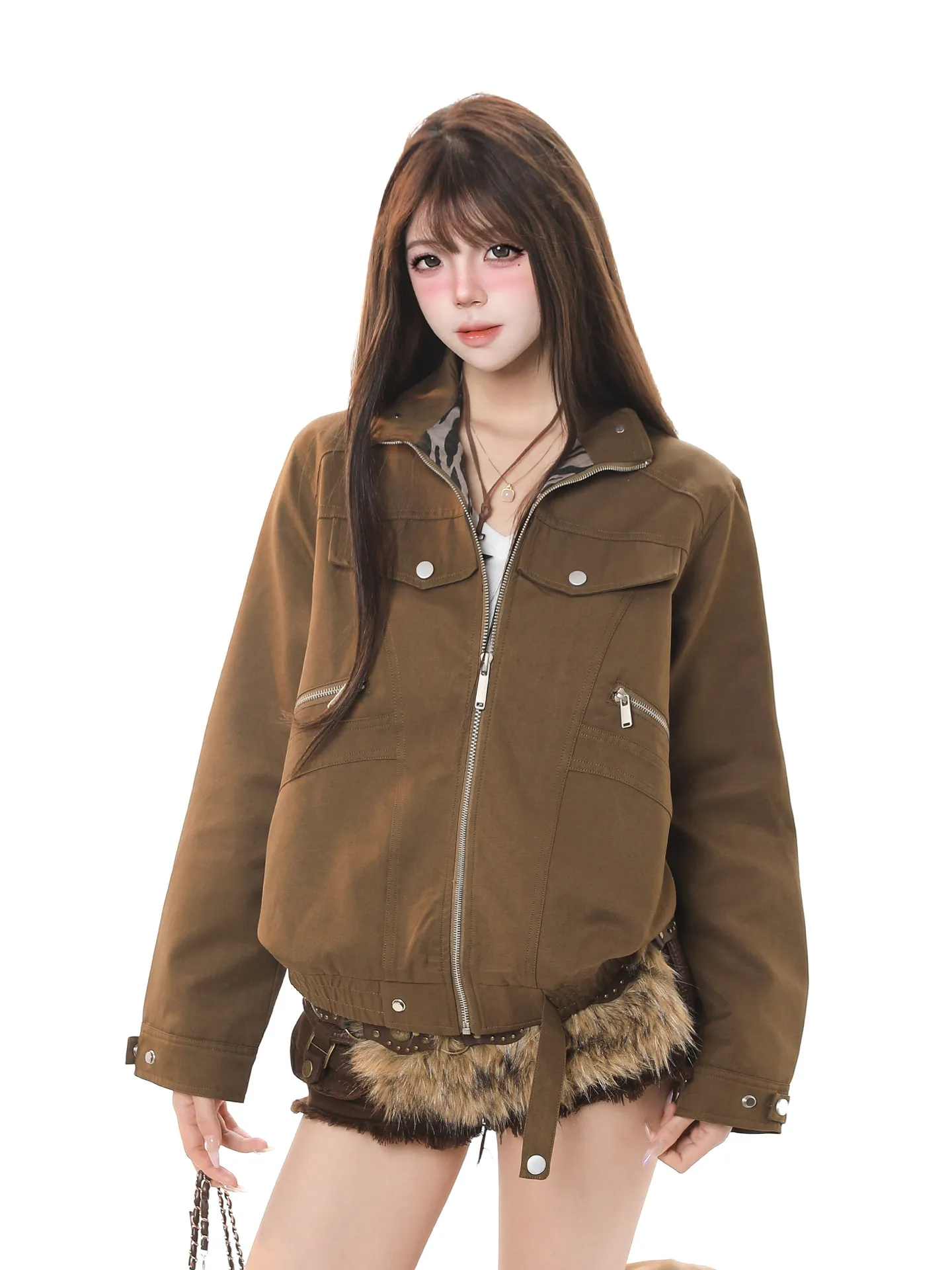 

American High Street Workwear Jaet Women's Loose Fit Zipper Stand Collar Spring Design Casual Versatile Slimming Outerwear