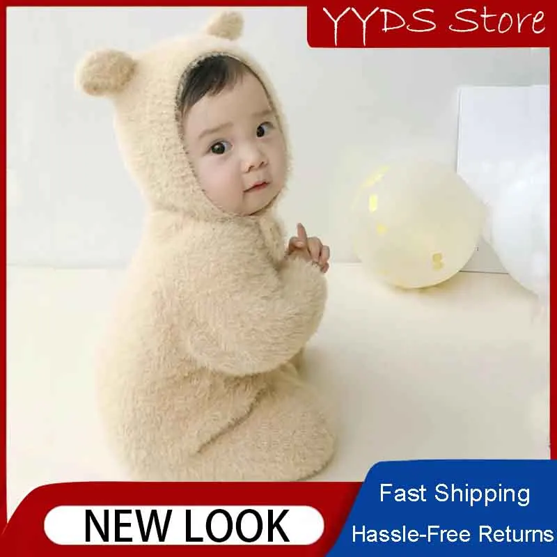 Ins Baby Bear Wrap Foot Jumpsuit Kawaii Super Cute Mink Fur Detachable Hat Romper Autumn and Winter Out Romper