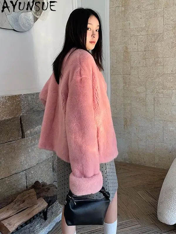 سترة من فرو المنك المخملي الطبيعي من AYUNSUE للسيدات 2025 سترات فاخرة من فرو المنك بالكامل ملابس نسائية أنيقة عالية الجودة من Abrigo Mujer