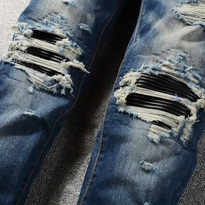 

High Street Fashion Designer Men Jeans Retro Blue Stretch Slim Fit Black Patched Ripped Jeans Men Y2K Brand Hip Hop Denim Pants