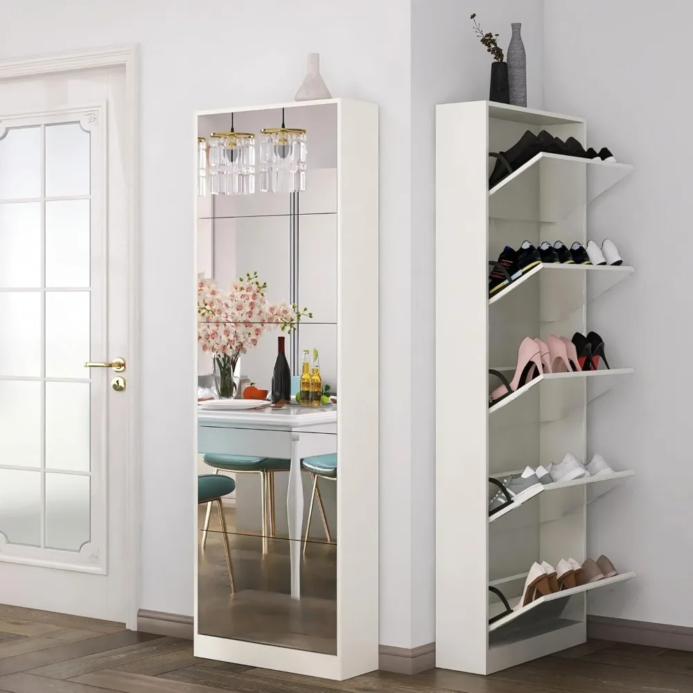 Shoe Cabinet with Mirror Drawers, Freestanding Shoe Rack Organizer with 5 Flip Drawers，Full Length Mirror Shoe Storage Cabinet