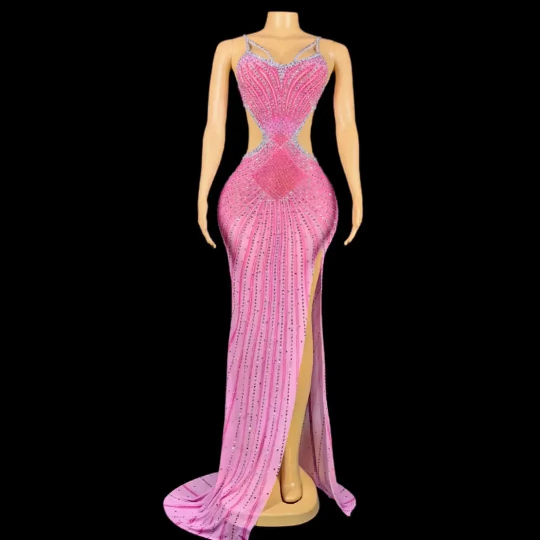 Luxrious Rhinestones Backless High Split Long Dress Sexy Evening Birthday Celebriate Prom Gown Photo Shoot Dress Xigua