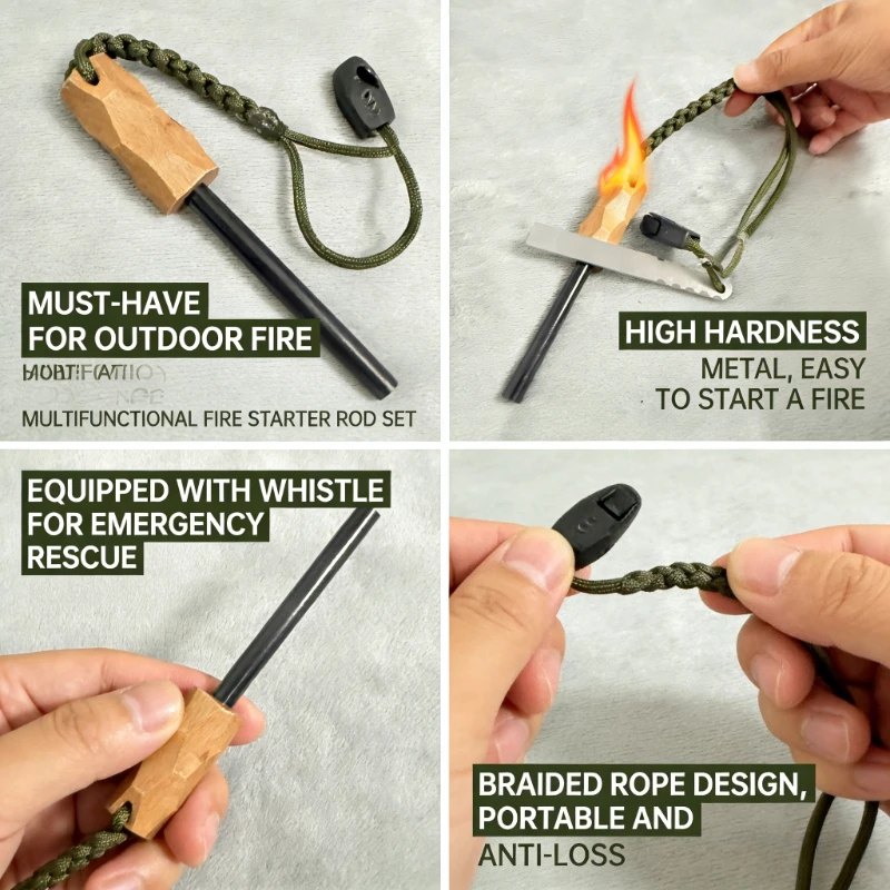 

Handcrafted Wooden Grip Magnesium Fire Starting Rod Heavy-Duty Scraper Compact Emergency Survival Kit for Wilderness Adventures