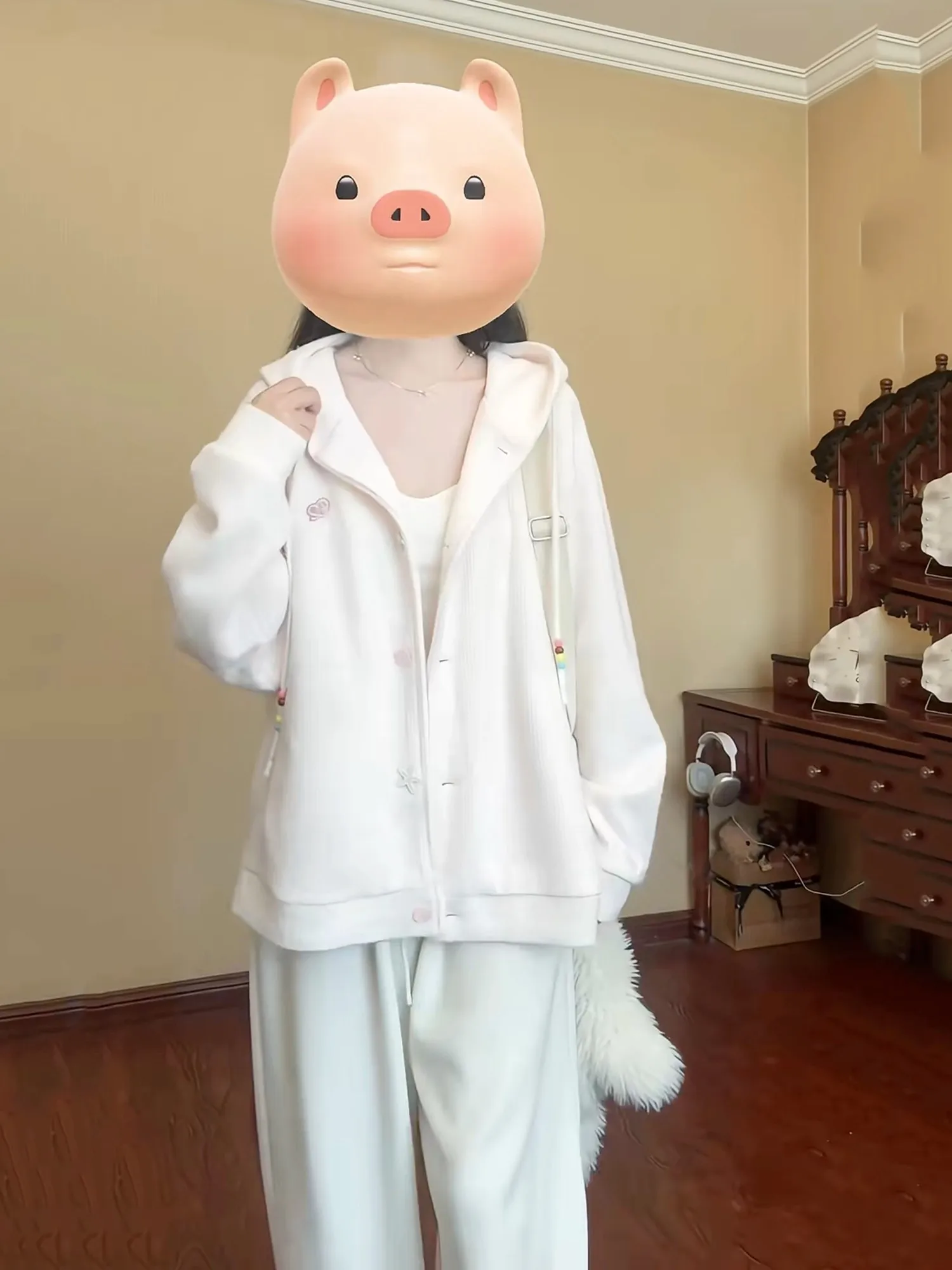 لينة مريحة الوردي مقنعين متماسكة سترة معطف المرأة Sle الخريف 2025 جديد فضفاض صالح طويل Sve زر حتى قطعة واحدة لون نقي #3