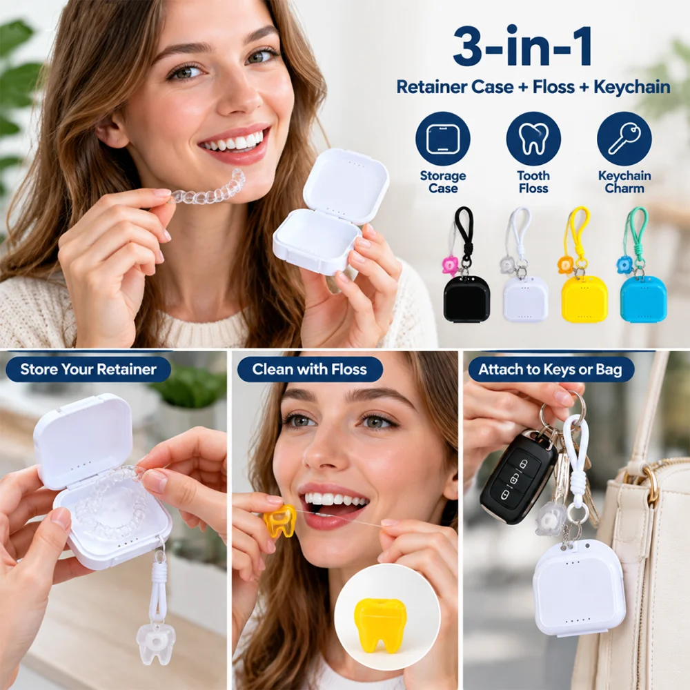 Three-In-One Braces Case Suitable for Storing Braces, Dental Floss, and Keychains. Available in 4 Colors. Includes One Solid Color Breathable Dental Case, One 5m Portable Dental Floss Holder, and One Lanyard