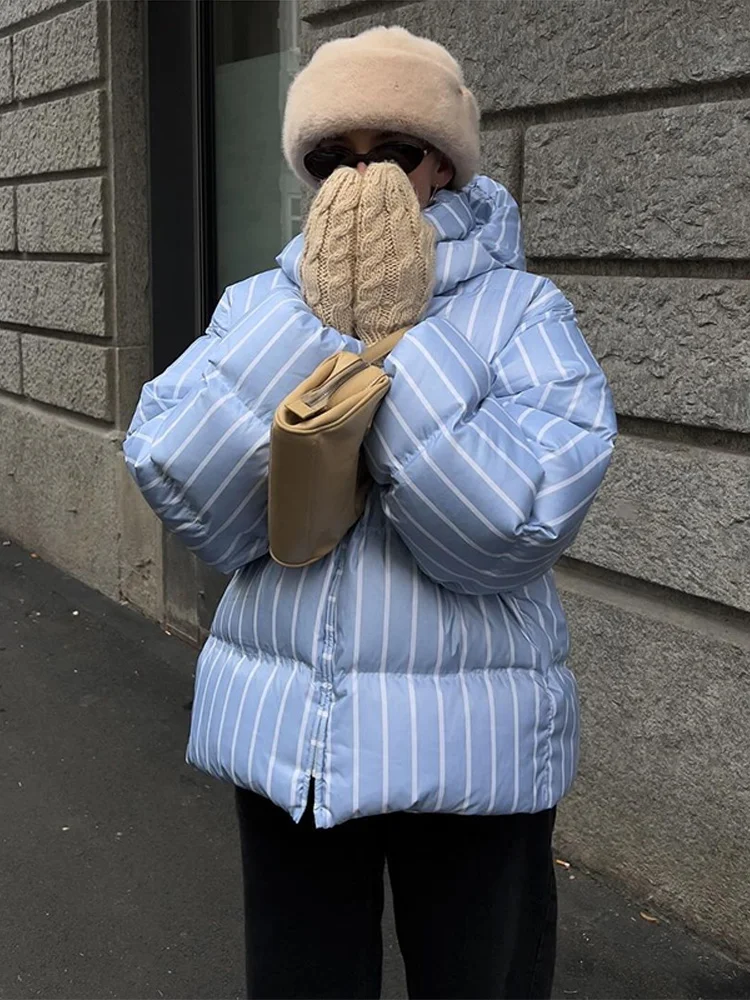 

Padding Winter Woman Jackets Hooded Striped Women Stand Collar Padded Jacket Zipper Female Coat Warm Winter Puffer Outerwear