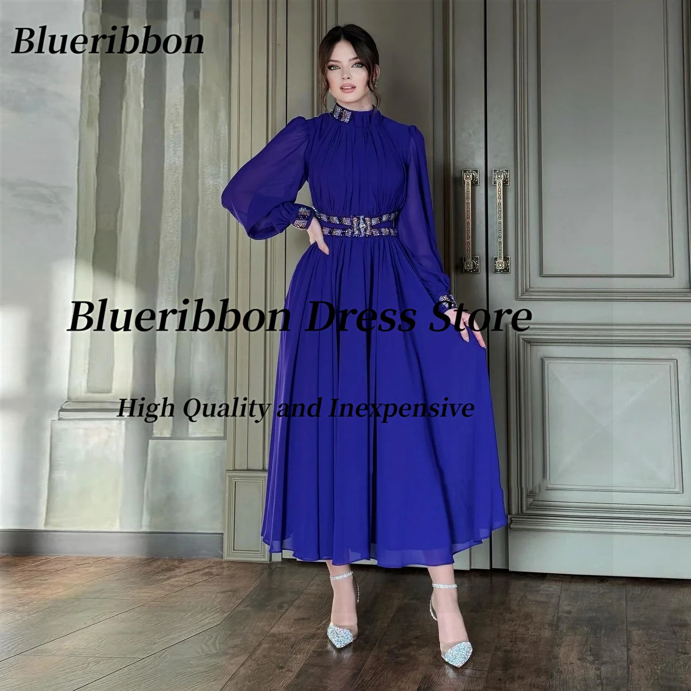 Blueribbon Chiffon Tea Length Prom Dresses High Collar Beaded Sash Vestido Elegante Fiesta 2024 Long Sleeves Evening Party Gown