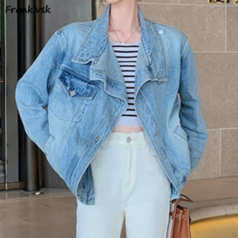 Denim Jackets Women Solid Leisure Fashion Hipster Japanese Style Autumn Daily Office Lady Slouchy Irregular Long Sleeve Outwear