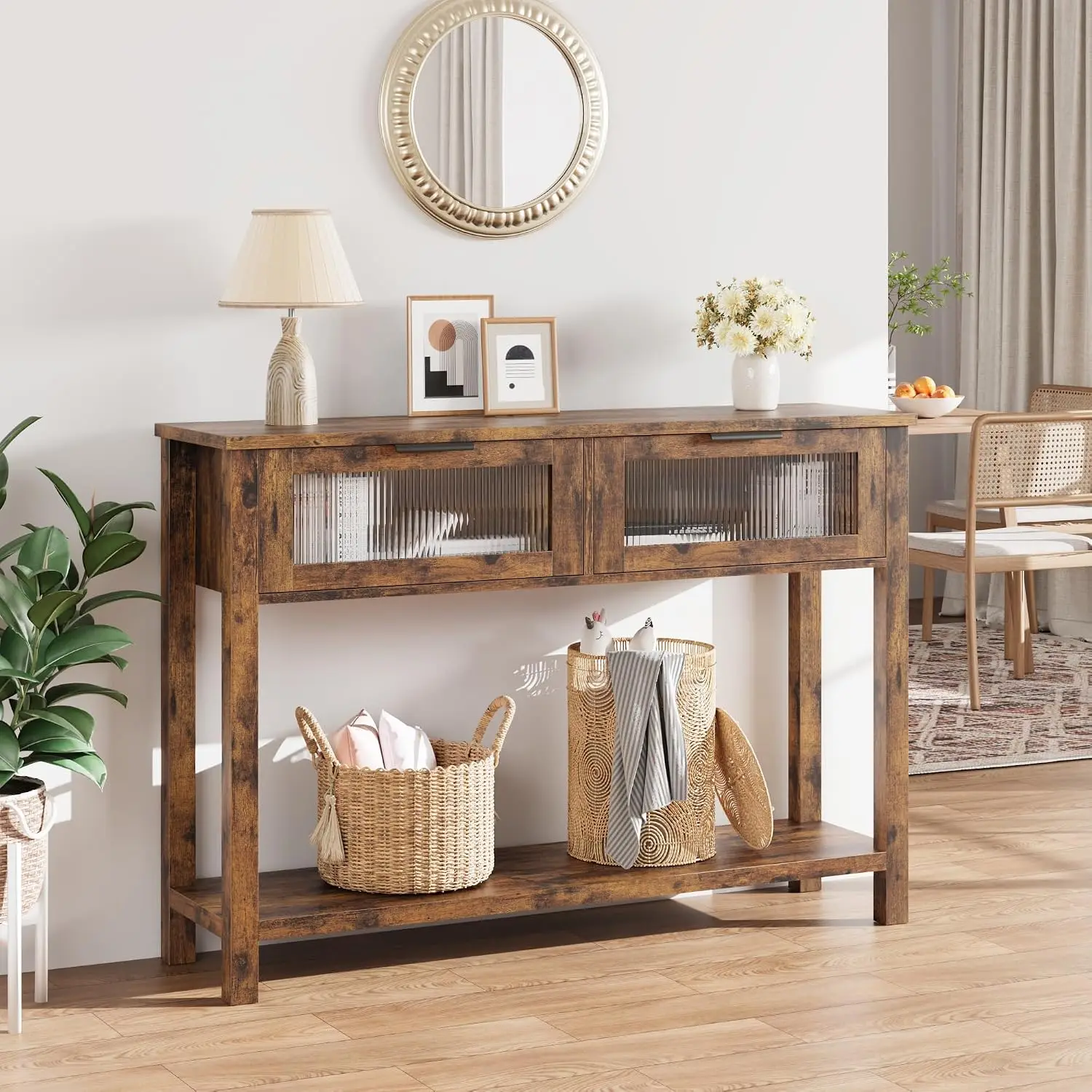Narrow Console Table 2 Glass-Front Drawers 2-Tier Wood Sofa/Entryway Table with Open Storage Shelf for Living Room Hallway Foyer