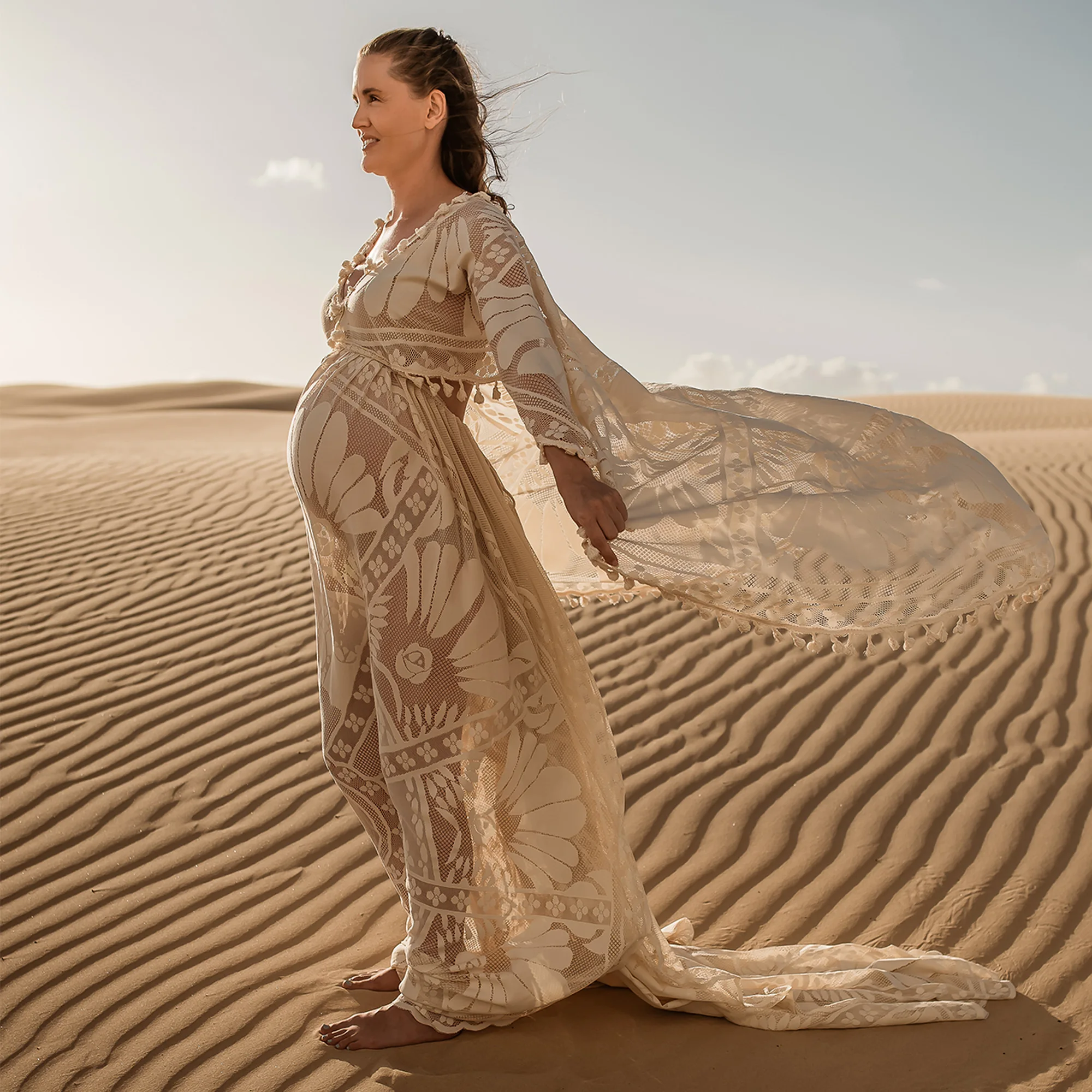 Vestido longo maxi para maternidade com capa feminina, robe boho, vestido de grávida, festa de renda, couture para fotografia, sessão fotográfica