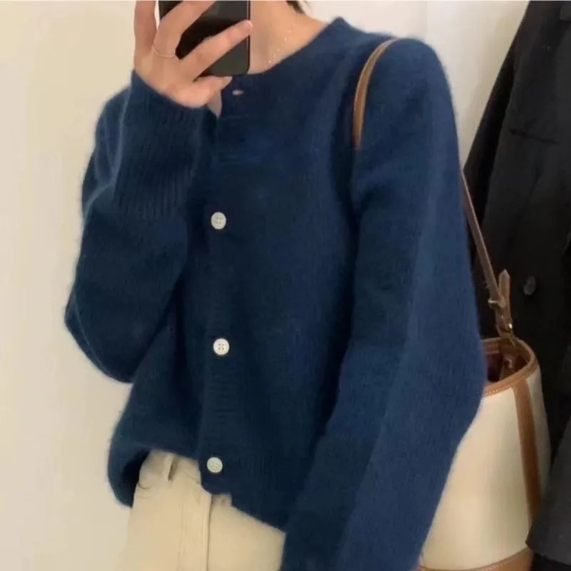 Burst knitted 100% cashmere cardigan women\'s crewneck sweater Autumn and winter new cashmere loose high-end coat thick