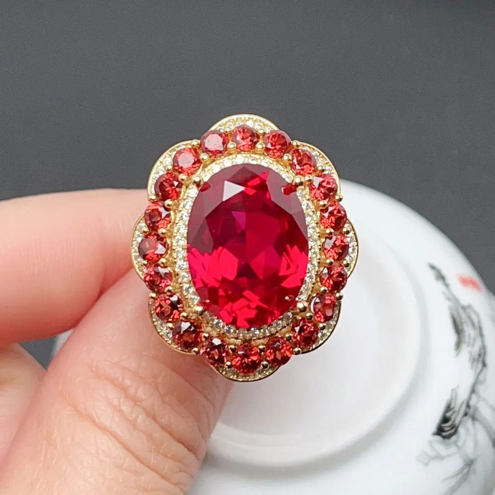 Pure Man Made Ruby Color Gemstone Ring for Wedding 12*16mm Lab Created Red Crystal 925 Silver Ring with Thick 18K Gold Plating