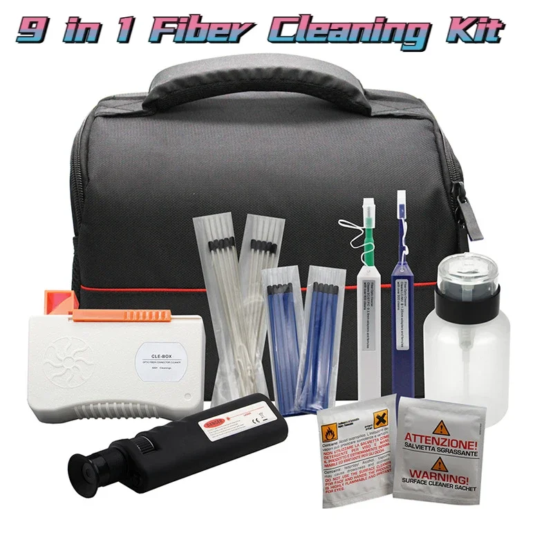 

Fiber Cleaning Kit 9 In 1 Fiber Optic FTTH Tools Set FTTX Network Testing Tool with Fiber Inspection Microscope Cleaner Cassette