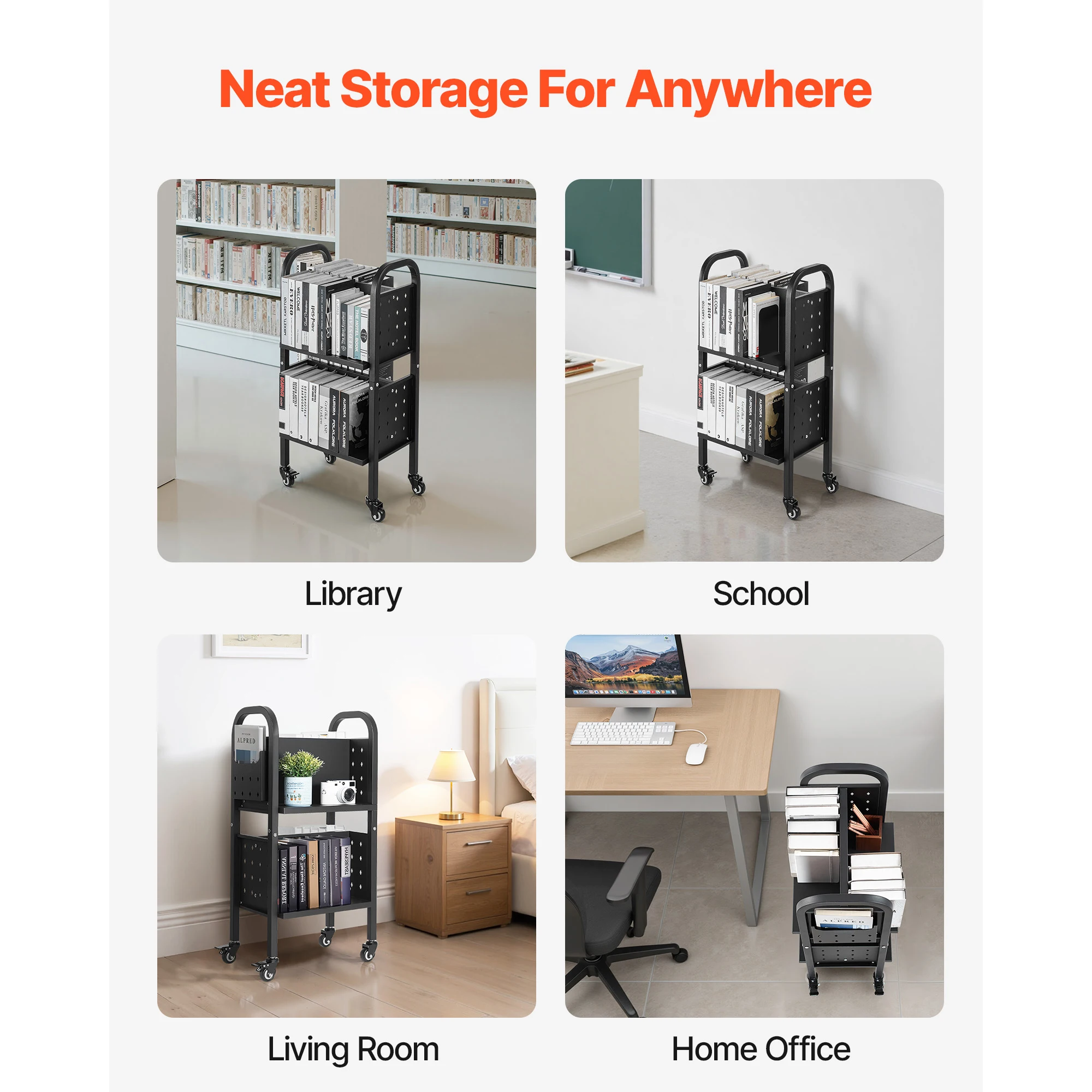 SucceBuy-carrito para libros con ruedas de 150 libras, estantes en forma de L de doble cara con ruedas bloqueables de 2 pulgadas, camión para libros para el hogar y la Oficina