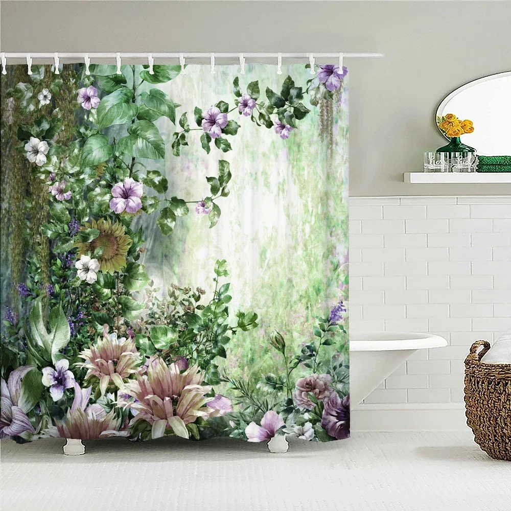 Beautiful Flower leaf Plant Bath Curtain Waterproof Fabric Shower Curtains Palm leaf Pattern Bathtub Screen for Bathroom Decor