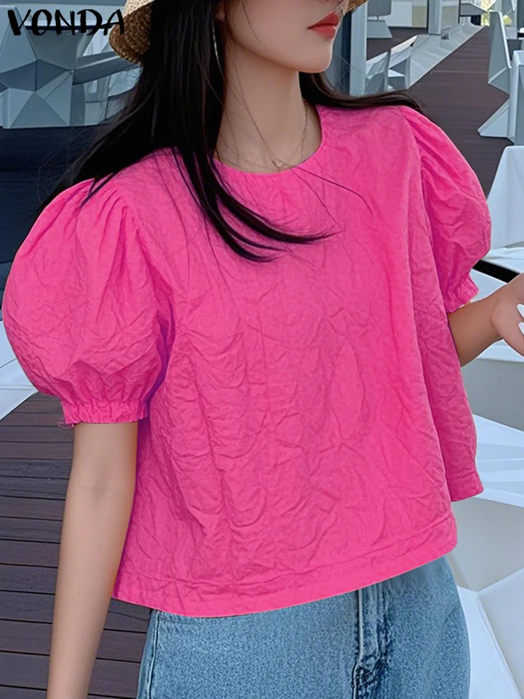 

VONDA Short Sleeve Blusas Women Solid Color Casual Loose Tops 2025 Fashion O Neck Summer Tunic Female Puff Sleeve Blouses