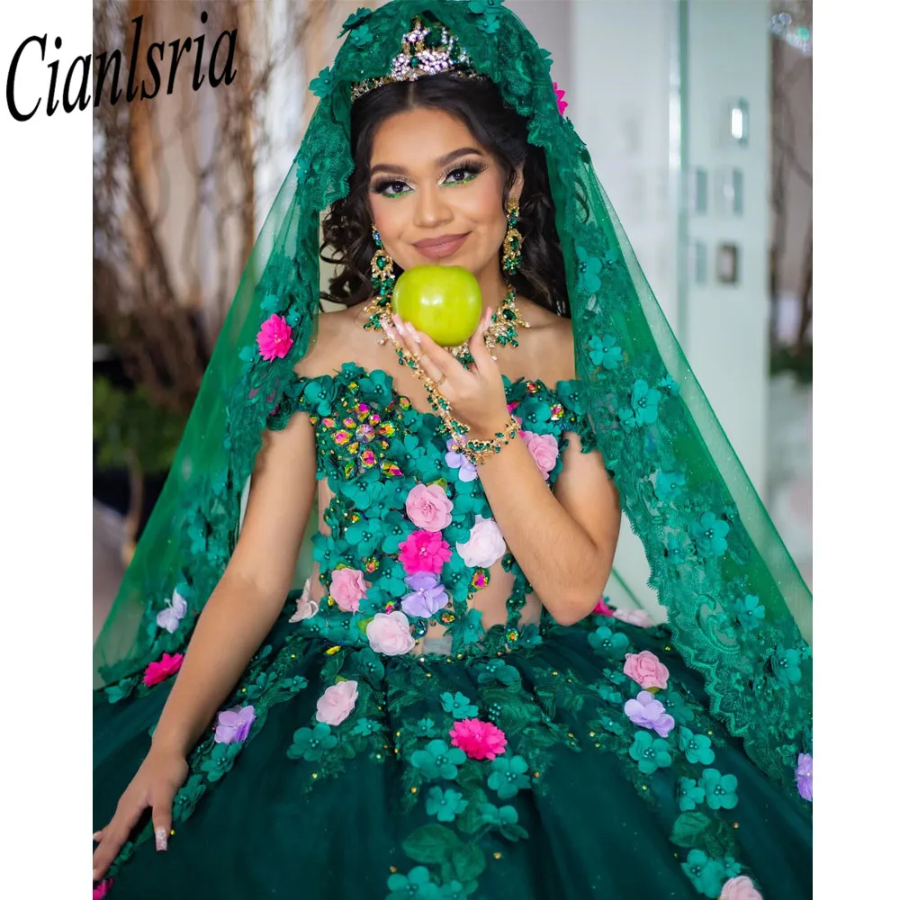 Vestidos verdes de quinceañera mexicana, apliques florales 3D hechos a mano, Vestidos de baile formales de princesa de cumpleaños, 15 y 16 Años