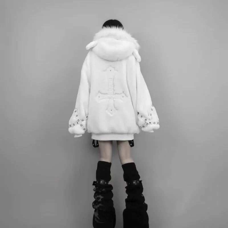 Japanese Vintage Y2K Subculture Punk Hoodie Winter New Harajuku Flocking Design Coat Women's Gothic Fashion Loose Zipper Outwear
