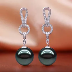Luxurious S925 Sterling Silver High Quality Big Black Shell Pearl Earrings For Women's Medium Length Jewelry Free Shipping