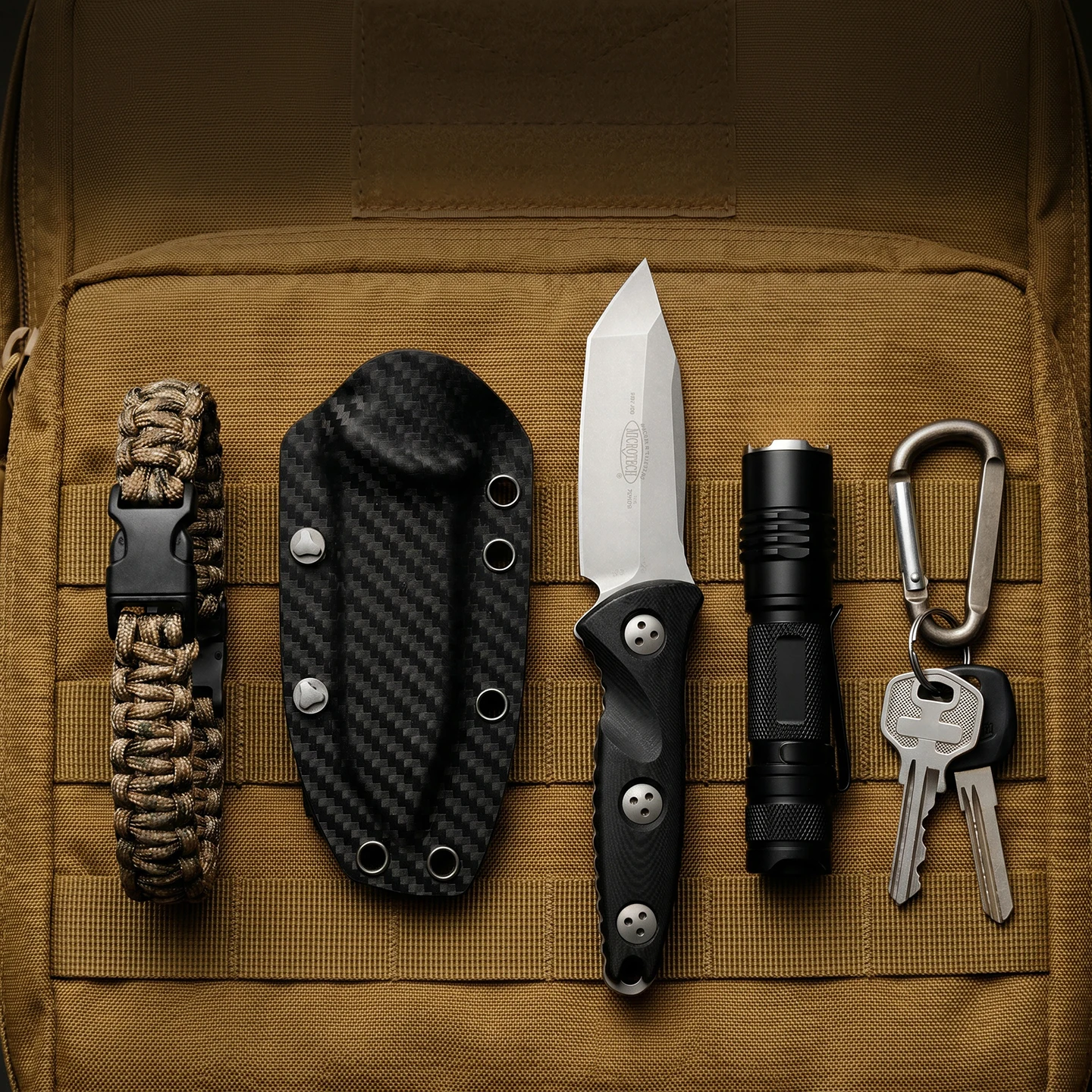 Microtech Samurai Multi-functional Outdoor Knife: Carbon Fiber Sheath with G10 Handle. Camping and Fishing Portable Knife.