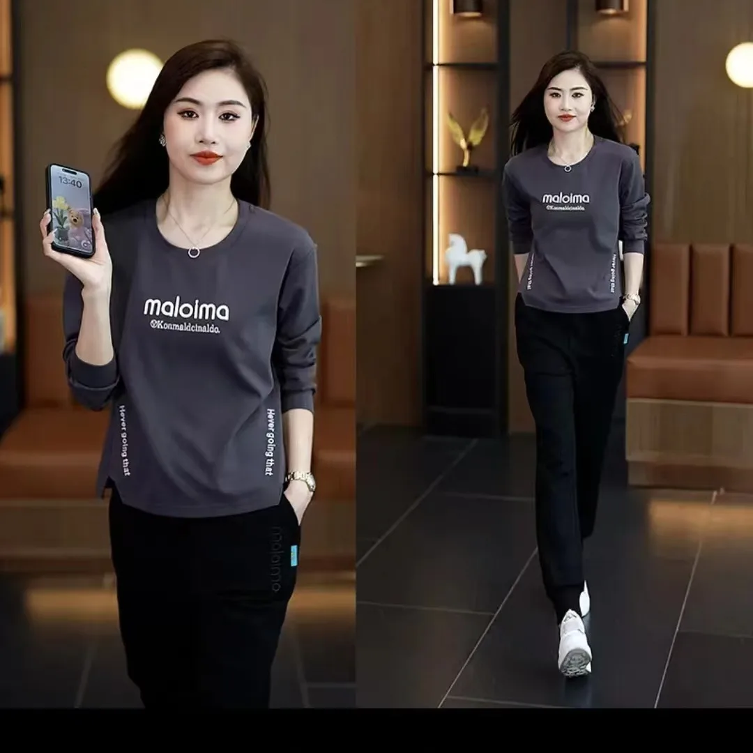 Slimming Effect Pure Color Letter Crew Neck Long Sleeve Women's Sweatshirt Casual Style Fashionable And Versatile Top