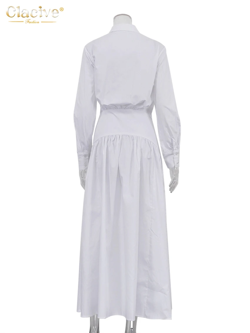 Clacive Fashion Loose White Cotton Women's Dress 2025 Casual Lapel Long Sleeve Ankle Length Dresses Elegant Classic Female Dress