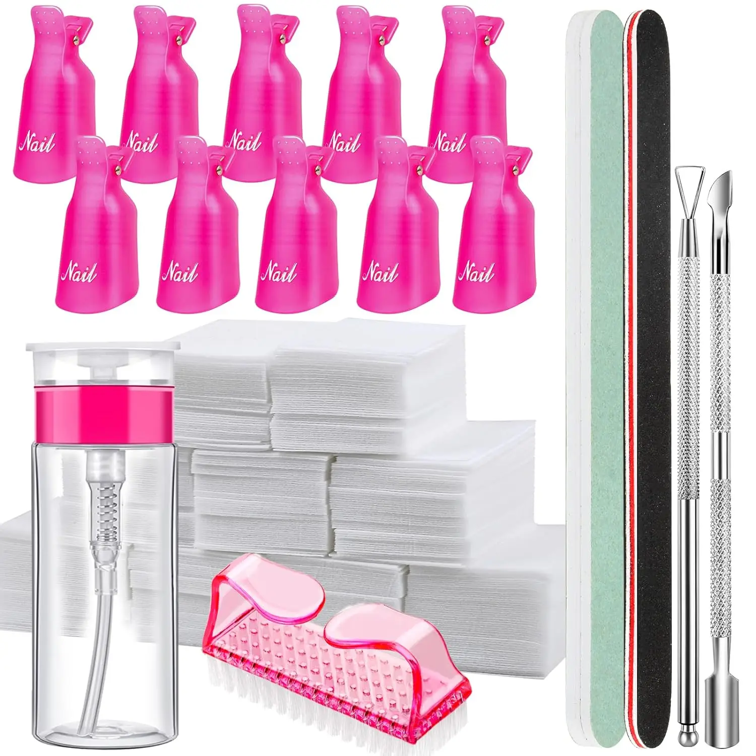 Nail Polish Gel Remover Tools Kit With Nail Clips Remover Bottle Remover Pad Nail Brush Cuticle Pusher Nail File Buffer Block*7*