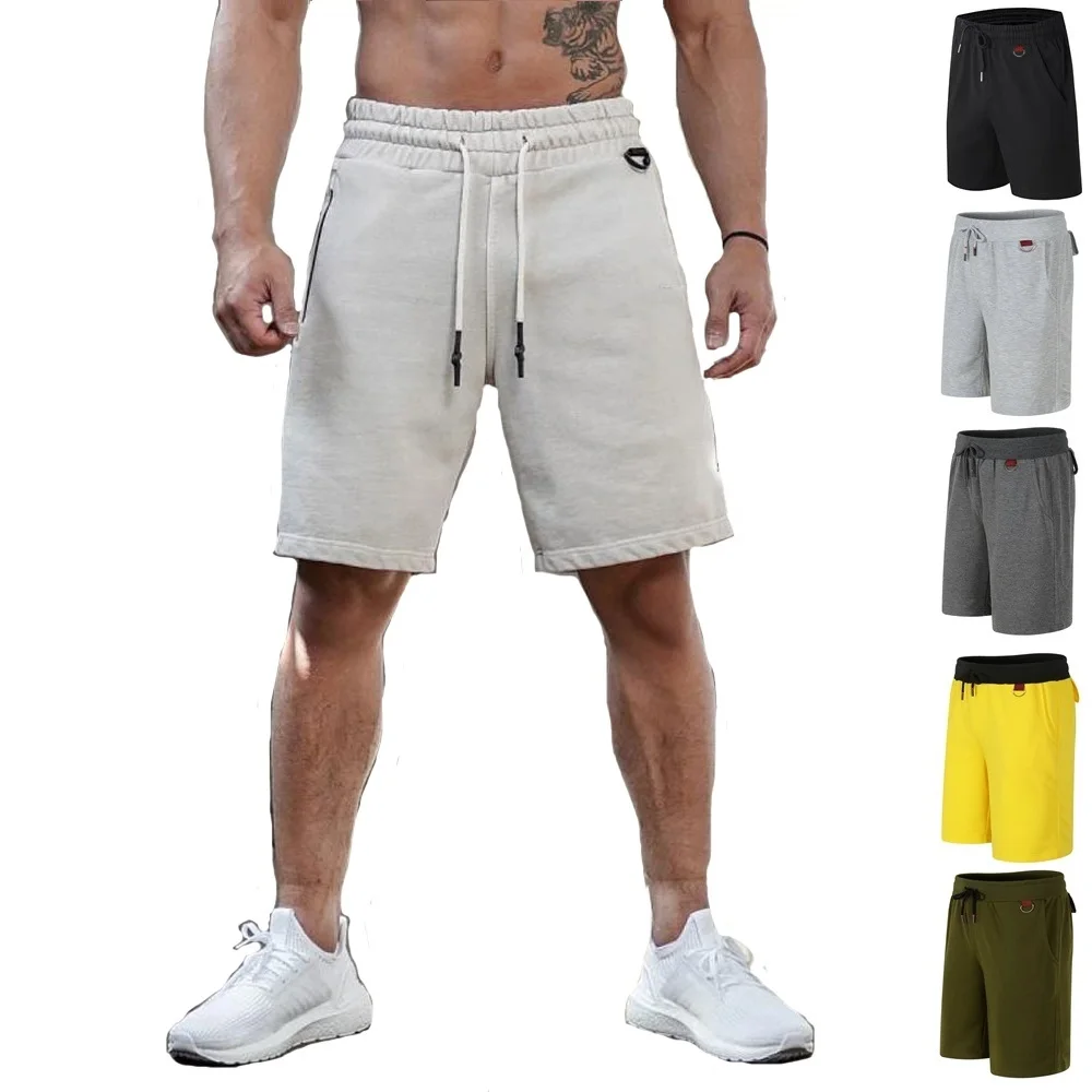 

Мужские хлопковые шорты для бега, летние тренировочные штаны для бодибилдинга, фитнеса, шорты для бега, тренажерного зала на молнии, тренировочные шорты с карманами