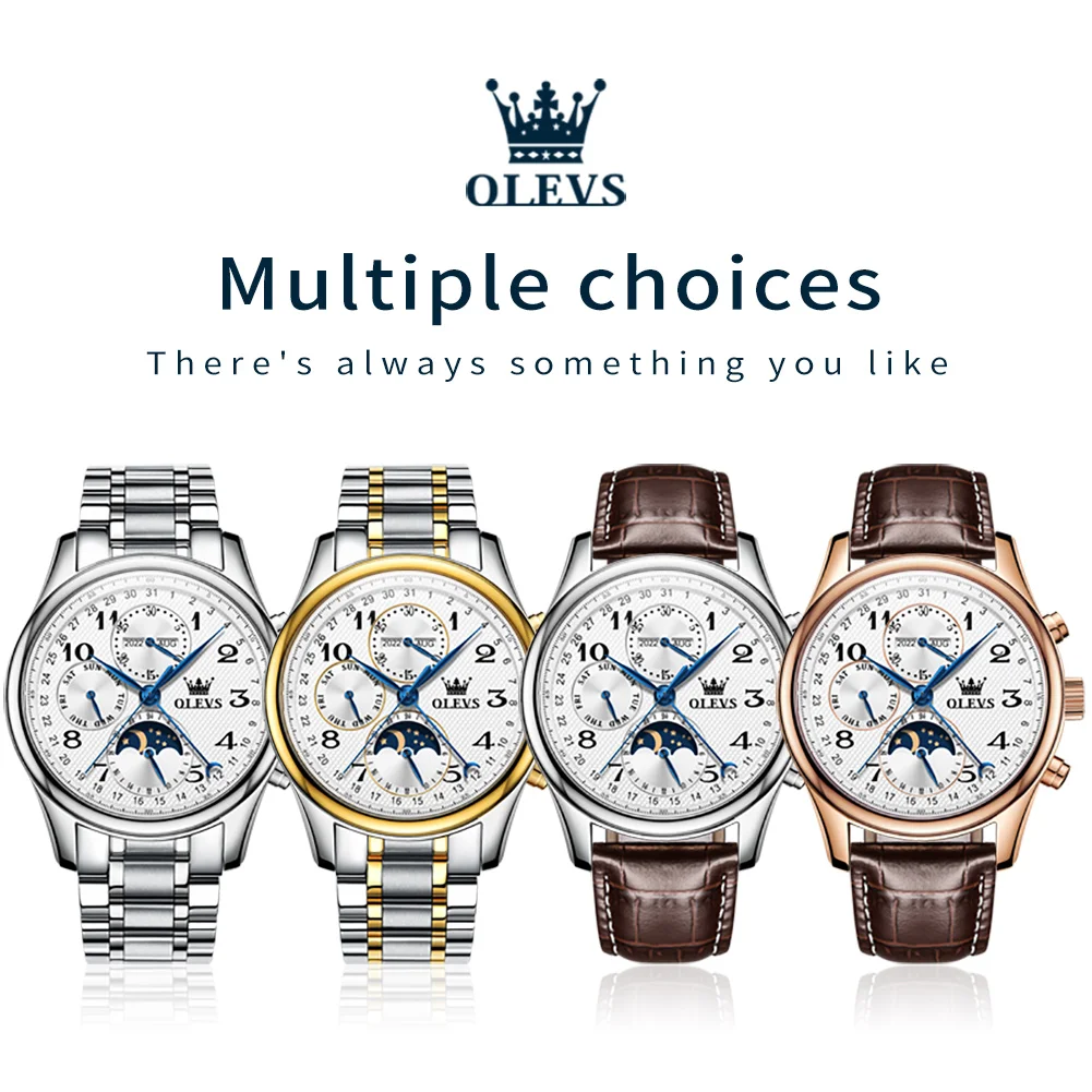 OLEVS 6667 Orologio da uomo Orologio meccanico con cintura da lavoro originale di lusso ﻿   Orologi lunari sportivi con data settimanale luminosa impermeabile per uomo