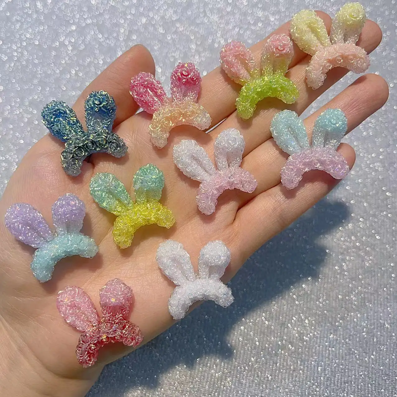100PCS Sparkling Bunny Ear Resin 30×28MM DIY Handmade DIY Accessory Phone Case Hair Accessory Material Decoration Crafts