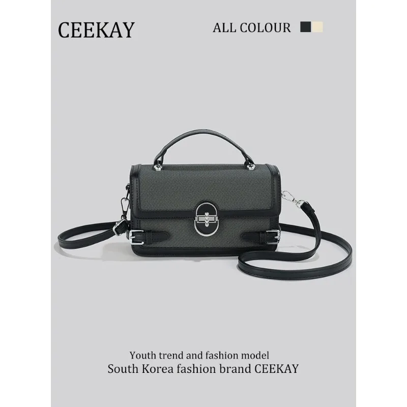 

Новая квадратная сумка CEEKAY из канваса и кожи 2026 года, винтажная сумка через плечо с металлическим замком и ремешками с пряжками, мини-сумочка для женщин
