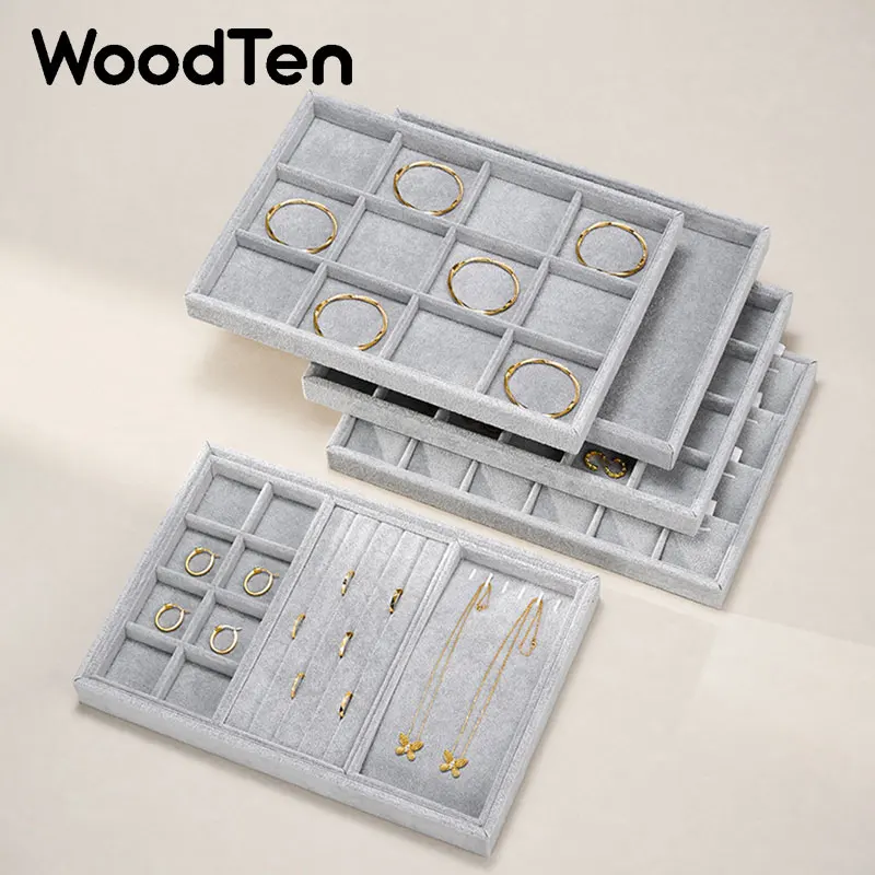 WoodTen Velvet Stackable Jewelry Tray Jewelry Display Watch Storage Tray Fashion Ring Earring Necklace Organizer Jewelry Tray