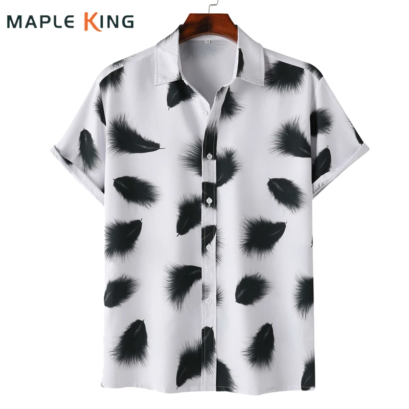 

Men Clothing 2024 Summer Hawaiian Shirt Black Feather Printed Short Sleeve Loose Cardigan Streetwear Mens Holiday Beach Shirts