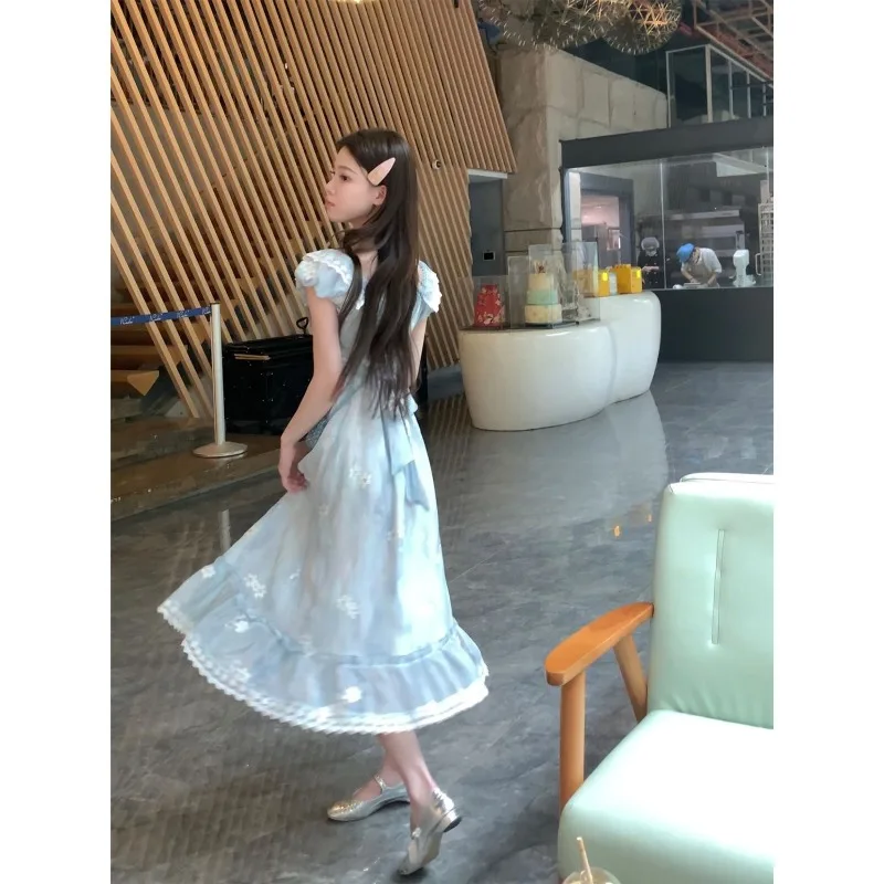 French Gentle Flying Sleeves Print Cake Dress Women Lace Ruffle Edge Splice Collarbone Princess Summer Chic Sweet Lady Wear 2024