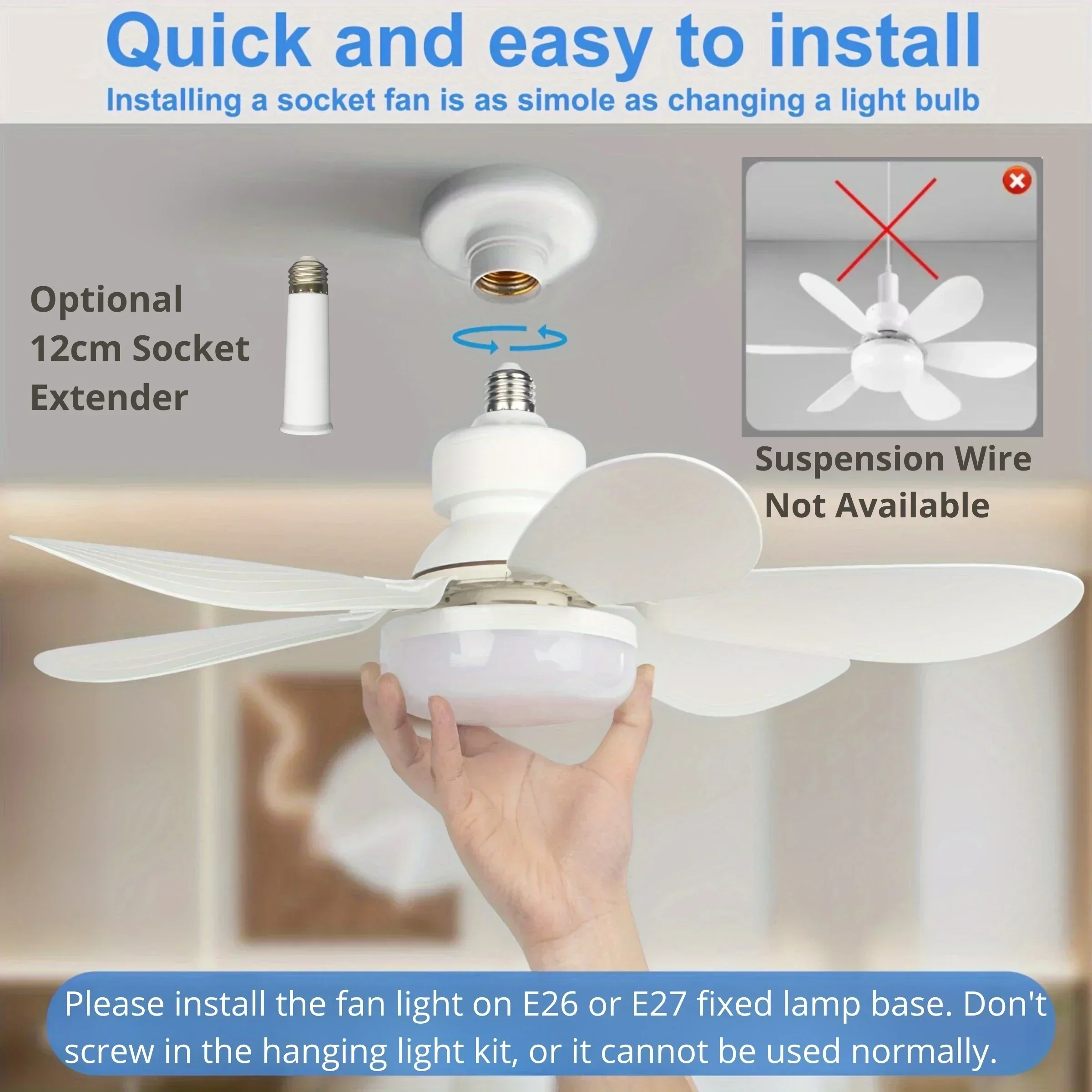 LED Socket Ceiling Fan with Light, 20.5in Screw Ceiling Fans with Lights with Remote, for Bedroom/Garage/Kitchen