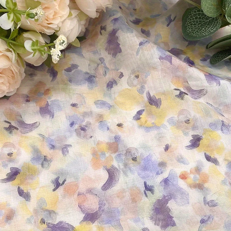 2 Yards Soft and Slightly Translucent Pastoral Purple Flower Print Tencel Linen Fabric Dress Shirt Suspender Skirt Fabric