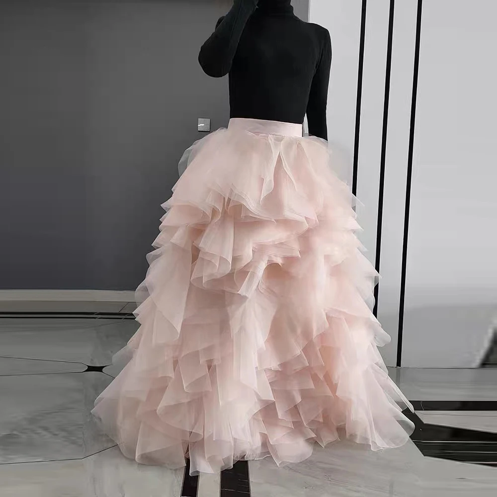 

Настоящая розовая юбка-макси из тюля с оборками, с завышенной талией, многослойная, объемная, в пол, пышная, для вечеринок, на заказ