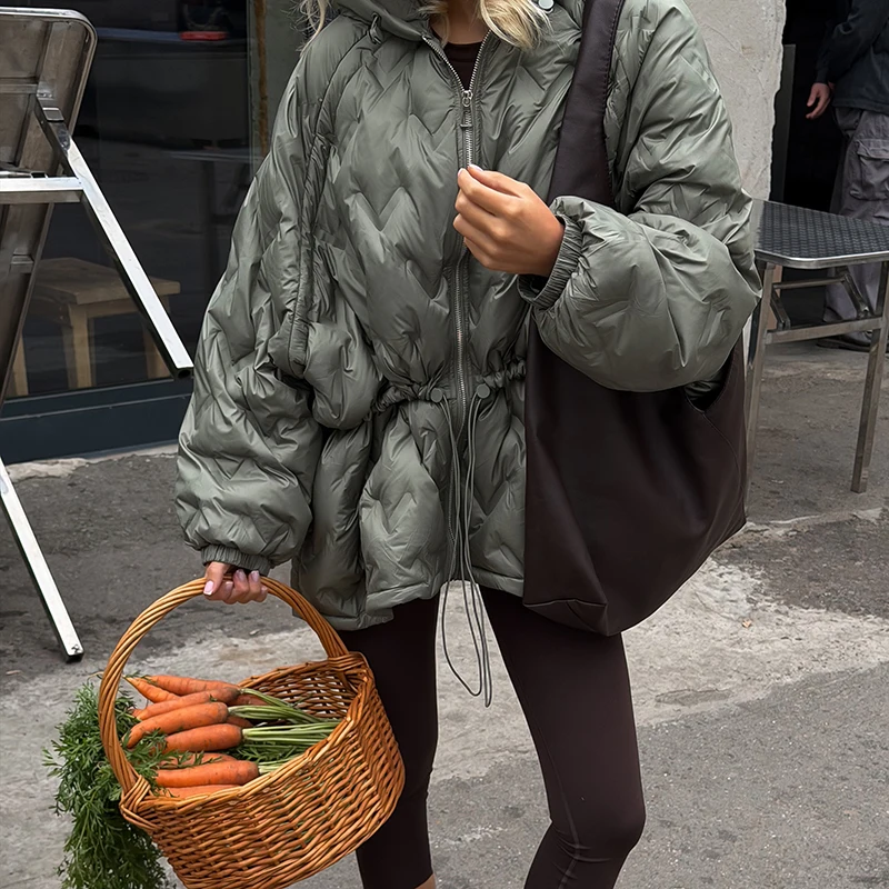 2026 Winter Solid Women Thicken Coat Casual Long Sleeve Hooded Zippers Pleated Female Outwear Elegant Lady Oversize Jacket