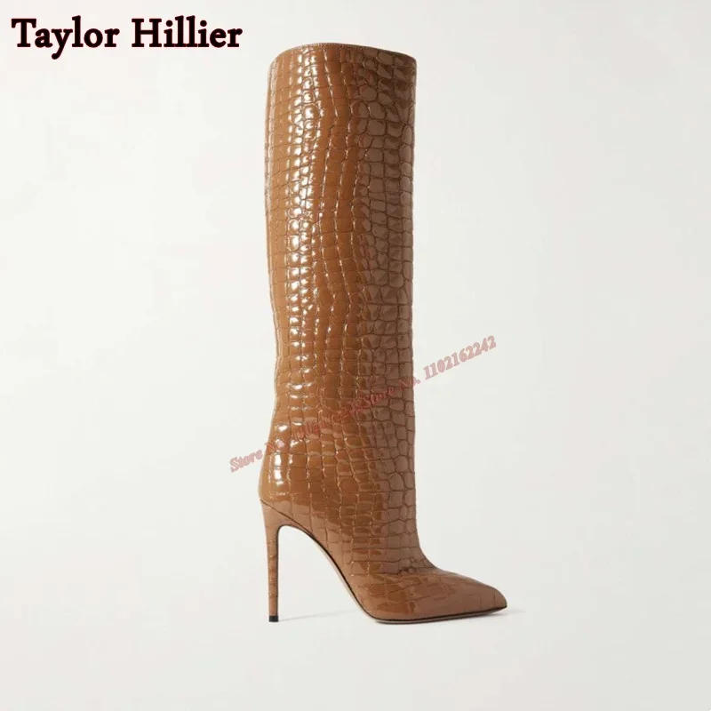 Imitation Crocodile Leather Knee-High Boots Pointed Toe Stiletto High-Top Long Boots Fashionable Party Banquet Women\'S Boots 43